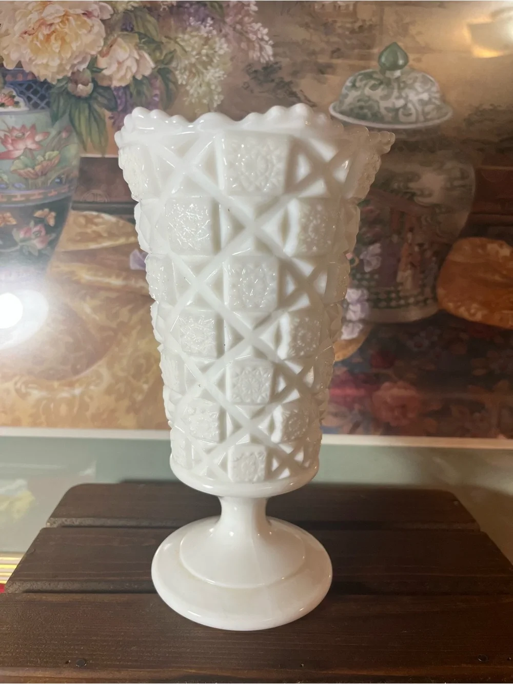 Classic White Milk Glass Pedestal Vase old quilt pattern by Westmoreland